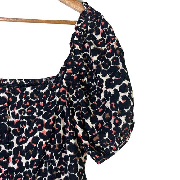 Who What Wear Leopard Smocked Puff Sleeve Midi Dress Womens L Black Animal Boho - Picture 8 of 8